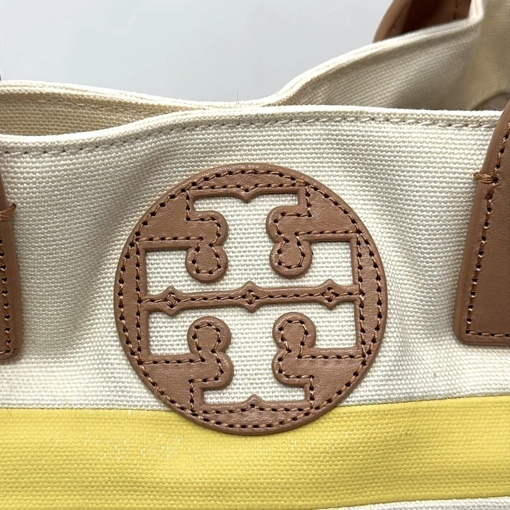 Tory Burch logo color block canvas with leather trim tote